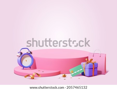 3d sale theme product display background with empty round podium, countdown clock, credit card, gift box and shopping bag.