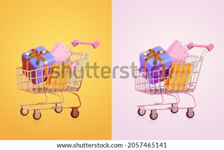 Two miniature shopping carts with gift and shopping bags on dual color background, 3d rendering of shopping trolley.