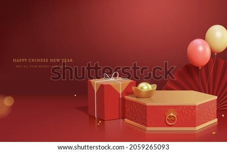 3d Asian theme product display scene design for Chinese new year. Composition of hexagon stage, gift box, balloon and paper fan