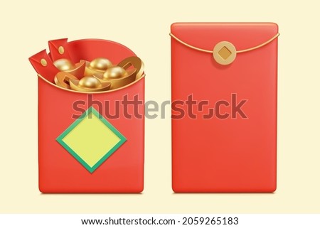 3d red envelopes filled with gold ingots and coins. CNY elements isolated on yellow background, suitable for wealthy Chinese new year decoration