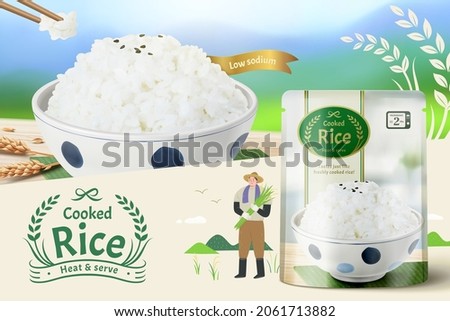 3d cooked white rice ad template with chopsticks taking rice from a ceramic bowl. Microwavable plastic bag package.