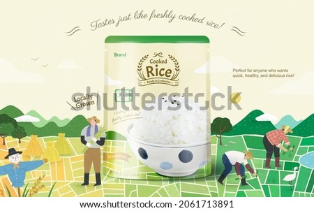 Cooked white rice ad template with hand drawn illustration of cute paddy field and Asian farmers. 3d microwavable plastic bag package. Concept of local growing crop and healthy diet.