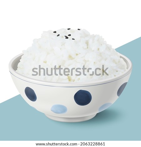 3d Japanese ceramic bowl filled with white rice. Realistic Asian healthy food element on dual color background.