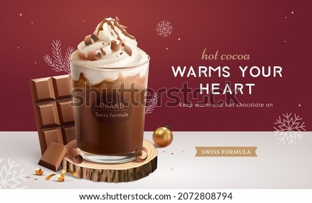 Creamy hot chocolate drink ad template. 3d illustration of glass cup displayed on wood discs with chocolate block and snowflake around