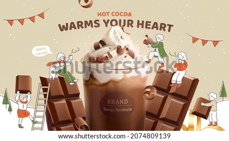 Creamy hot chocolate drink ad template. Hand drawn miniature people playing around giant 3d product mockup and chocolate blocks