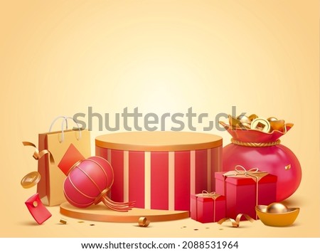 3d creative Chinese new year background with product display podium, fortune bag, red lantern and other holiday related obejcts