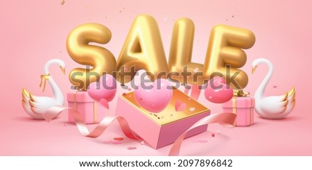 3d Valentine's Day sale promo banner template with swan couple, present boxes and large sale word phrase balloons