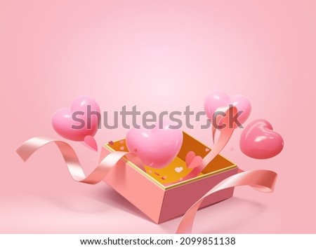 3d heart shape balloons and ribbons popping out of gift box. Valentine's Day or Mother's Day elements isolated on pink background