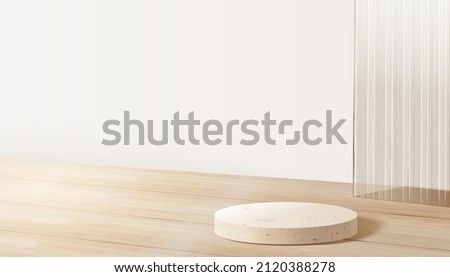 White marble product display podium on wooden countertop with wave textured glass wall in the background. 3d Nordic interior scene design.
