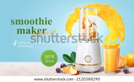 Smoothie maker ad template with fresh sliced fruits and splash of juice coming out of a glass cup, 3d illustration