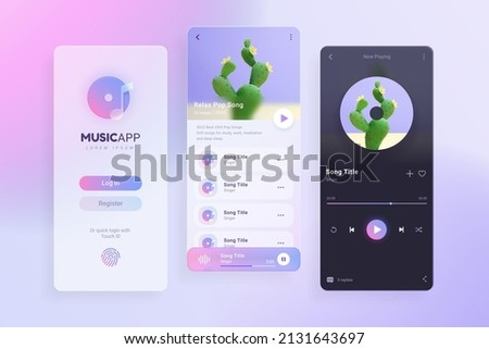 3d holographic glassmorphism music ui interface kit for mobile phone app, including login, playlist and playing page.