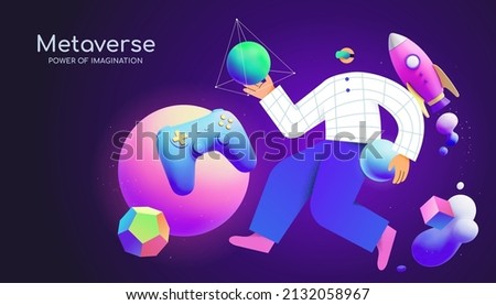 A young man with goggle floating among 3d neon gradient objects, including game controller and space rocket. Concept of surrealism, immersive experience, metaverse or virtual reality. ストックフォト © 