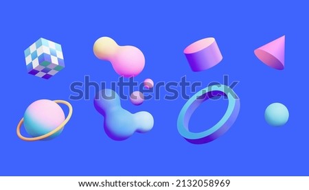 3d futuristic gradient geometric shapes, including fluid bubbles, ring, sphere, cube, and cone. Isolated blue background.