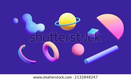 3d colorful gradient geometric shapes, including fluid bubbles, ring, sphere, cube, cylinder and semicircle plate. Isolated blue background.