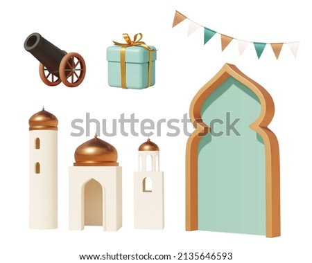 3d cartoon Islamic holiday objects, including iftar cannon, mosque tower models, gift box, Arabic arch door decor and bunting flag. Elements isolated on white background. 商業照片 © 