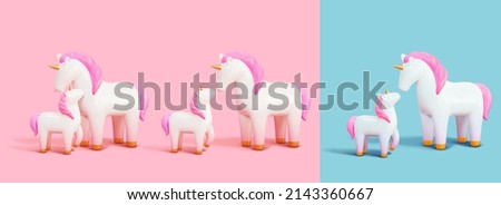 3d cute unicorn toys of snuggling mother and cub. Isolated animal character design in different color background. Suitable for Mother's Day or birthday decoration.