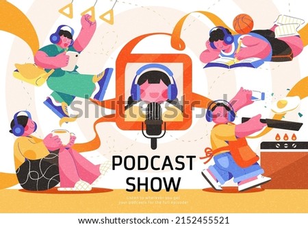 Audio program or online broadcasting illustration of people listening to podcast show while doing different activities, like traveling, studying, having coffee and cooking.