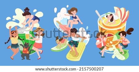 Similar – Children play on surfboard in mountain lake