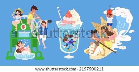 Creative set of kids with summer food items. Flat illustration of cute children playing on ice shaving machine, scuba diving in cold sundae and rowing ice cream boat. Text translation: Ice