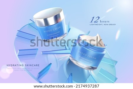 Modern cream cosmetic ad template. 3d illustration of hydro cream jar flying with geometric glass clock. Concept of anti-aging and skin rejuvenating.