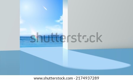 3d modern blue and white Mediterranean interior scene. Background design for summer cosmetic product display. Beautiful sea scenery viewed from arch door.