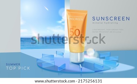 Modern sunscreen ad template. 3d illustration of orange sunblock tube standing in the middle of glass clock on sea background through arch. Concept of UVA sun protection.