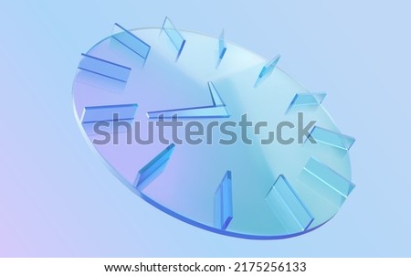 3d blue circle clock made of clear glass, isolated on blue background. Concept of time passing and reversal.