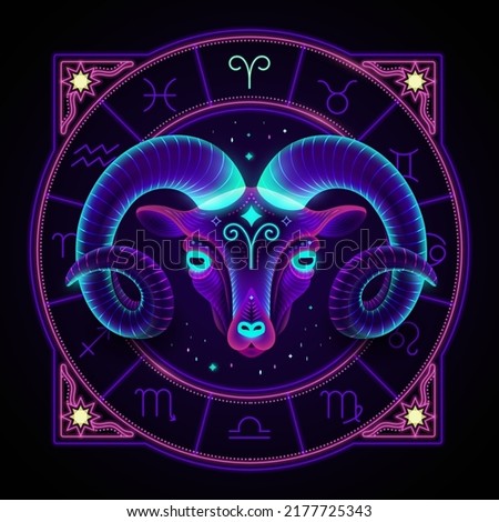 Aries zodiac sign represented by a ram as the fire of the spirit. Neon horoscope symbol in circle with other astrology signs around.