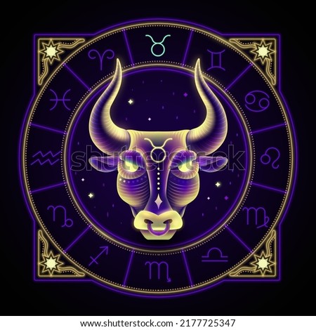 Taurus zodiac sign represented by the face of a bull. Neon horoscope symbol in circle with other astrology signs sets around.