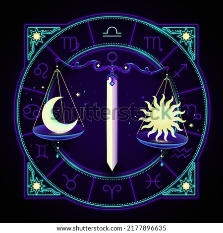 Libra zodiac sign represented by a pair of sword balance scales to weigh moon and sun on each side. Neon horoscope symbol in circle with other astrology signs sets around.