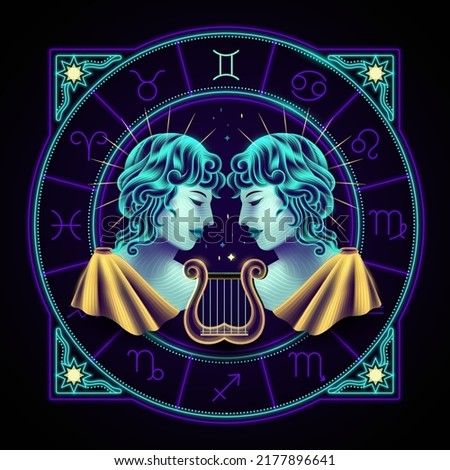 Gemini zodiac sign represented by two male youths. Neon horoscope symbol in circle with other astrology signs sets around.