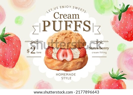 3d cute strawberry cream puff ad template, with pastel watercolor circle and fresh fruit doodles.