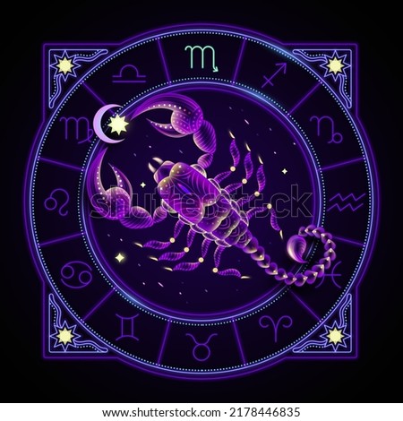Scorpio zodiac sign represented by the scorpion. Neon horoscope symbol in circle with other astrology signs sets around.