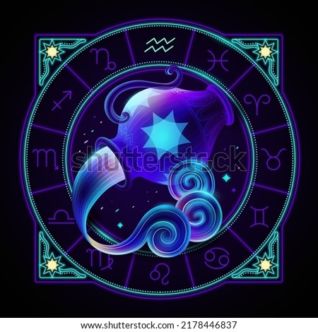 Aquarius zodiac sign represented by a large jar pouring water. Neon horoscope symbol in circle with other astrology signs sets around.
