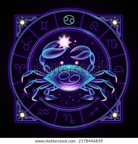 Cancer zodiac sign represented by a crab raising its chela. Neon horoscope symbol in circle with other astrology signs sets around.