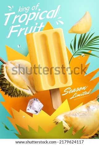 Durian popsicle ad template. 3d illustration of realistic durian pieces and popsicle along with ice cube. Papercut style explosion bubbles background.