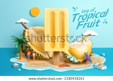 Durian popsicle promotion. 3d illustration of realistic durian pieces and popsicle on papercut style beach island, palm tree, sailboat and sunny set up with illustrated people.