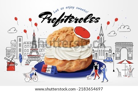 3d french cream puff displayed on blue plate with cute Paris street doodle illustrations.
