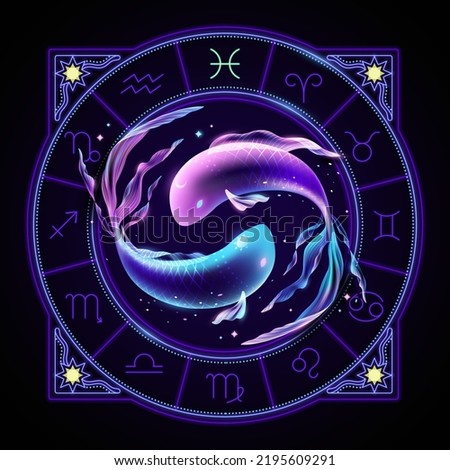 Pisces zodiac sign represented by two fish swimming in opposite directions. Neon horoscope symbol in circle with other astrology signs sets around.