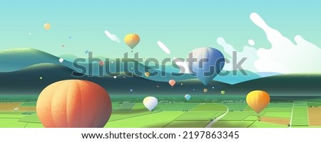 Panorama of beautiful landscape. Illustration of hot air balloon festival in Taitung, Taiwan. Hot air balloons flying above spacious grass field.