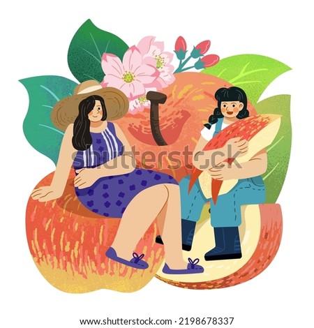 Fruit and people themed illustration. Miniature girls in cute outfits sitting on red apples. Girl with braided hair holding an apple wedge in her arms.