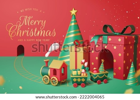 3D Illustration of a toy train going through the tunnel from dotted red gift box. Green Christmas party hats decorated as mountains on red backbround