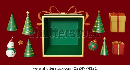 3D Illustrations collection of dissected green gift box, Xmas hats, snowman figurine, bauble, and complete giftboxes isolated on crimson background