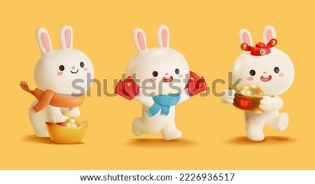 3D Illustration of three chubby rabbits. One bending down knees and touching gold ingot, one running with red enveloped on both hands and the other in Caishen hat holding gold ingot. Text: Wealth Сток-фото © 