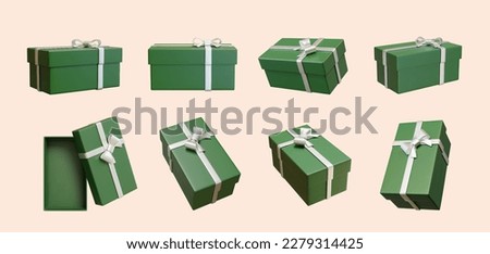 3D Illustration of green giftboxes wrapped with silver ribbon open and close mockups in different angle isolated on light pink background. Suitable for birthday party and festive celebration.