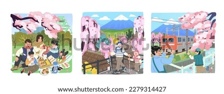 Illustration of cherry blossom season outdoor activities. Including lovely couple row on lake with scenic view of cherry blossom and ladies enjoy outdoor hot spring alongside with cute animal.