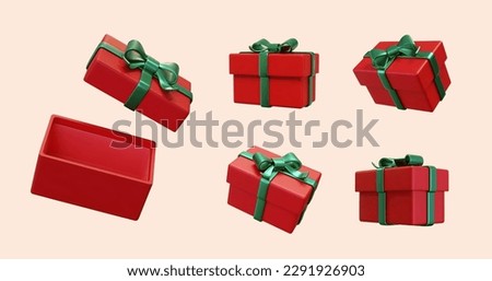 3D present element set isolated on light pink background.. Red gift boxes wrapped with green ribbon, open and closed mock ups in different angles.
