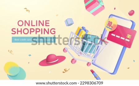 3D online shopping e-commerce poster. Phone, shopping cart filled with items, hat, gifts and lipstick floating in mid air. Concept of credit card reward for online shopping.