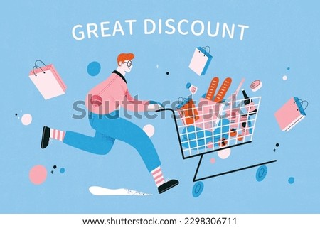 Boy pushing shopping cart filled with goods and daily supplies. Hand drawn style illustration for discount promotion