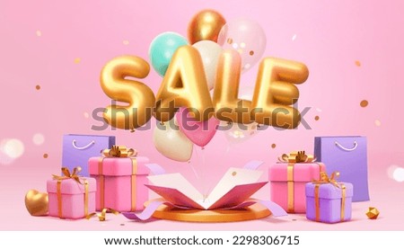 3D golden with SALE text balloons popping up from surprise box on a podium surrounded by wrapped gift boxes, shopping bags, and confetti